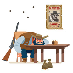 The wanted bandit defeated everyone and fell asleep drunk in a cowboy bar. Wild west. Cartoon vector illustration. Flat style. Isolated on white background