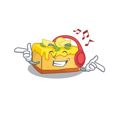 Listening music lemon cheesecake cartoon character concept