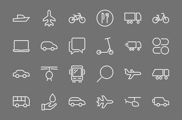 Set of public transport related vector line icons. Contains icons such as bus, bike, suitcase, car, scooter, truck, transport, trolley bus, sailboat, motor boat, plane and much more. Editable stroke.