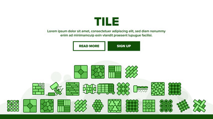 Tile Floor Material Landing Web Page Header Banner Template Vector. Brick On Pallet And Hammer, Different Form And Style Flooring Tile, Parquet And Wall Illustration