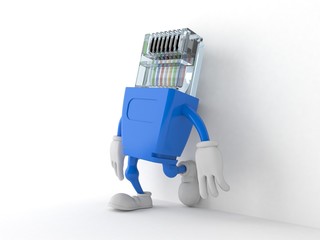 Obraz premium Network character leaning on wall on white background