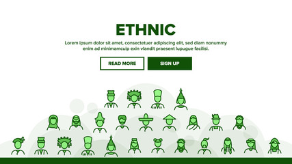 Ethnic World People Landing Web Page Header Banner Template Vector. Chinese And Indian, Cossack And Kazakh, Indian And Japanese, Georgian And Arab Ethnic Human Illustration