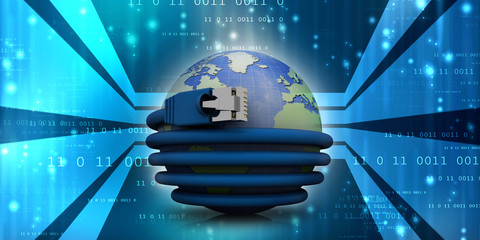 3d rendering Network connection, internet communication and computer technology concept, closeup view of curved Ethernet cable plug connector