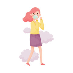 Young Woman Wearing Safety Mask Because of Bad Air and Dust Vector Illustration