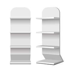 Mockup Cardboard Retail Shelves Floor Display Rack For Supermarket Blank Empty. Mock Up. 3D On White Background Isolated. Ready For Your Design. Product Advertising. Vector EPS10