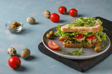 Sandwich with chicken, cherry tomatoes, quail eggs and microgreens against a light blue background, Copy space