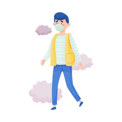 Young Man Walking Wearing Safety Mask Because of Bad Air and Dust Vector Illustration