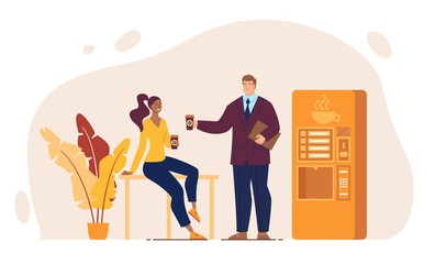 Office Coffee Break, Colleagues Conversation, Coworkers Informal Communication Concept. Resting Businesspeople, Company Manager Talking with African-American Woman, Trendy Flat Vector Illustration
