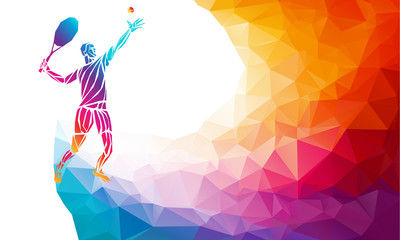 Creative silhouette of tennis player. Racquet sport vector illustration or banner template in trendy abstract colorful polygon style with rainbow back