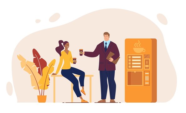 Office Coffee Break, Colleagues Conversation, Coworkers Informal Communication Concept. Resting Businesspeople, Company Manager Talking with African-American Woman, Trendy Flat Vector Illustration