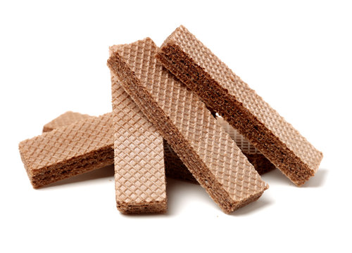 Crunchy chocolate wafers isolated on white background