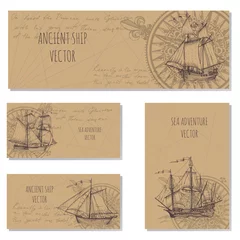 Fotobehang Old caravel, vintage sailboat. Sea adventure vector background. Doodles design elements business cards, banners, menu © Shalyapina