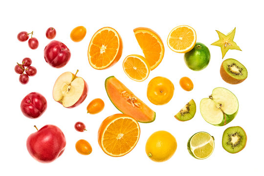 Fresh fruits flying in air. Apple, orange, kiwi, melon, plum, citrus isolated on white. Fruity vegan tropical mix background. Colorful levitation, falling fly fruit creative concept