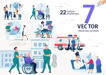 Family Doctor, Ambulance Service Team, Hospital or Rehabilitation Service Nurses, Senior and Disabled Patients Characters, Work Scenes Set. Medical Help Concepts Trendy Flat Vector Illustrations
