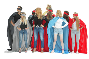 group of diverse young men in superhero cloaks are pointing at you © ASDF