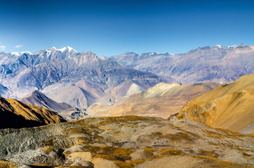 Kali Gandaki river valley in sunny day. View from trekking route from Thorung La pass.