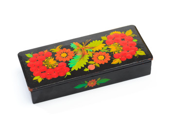 lacquered black Russian casket painted with flowers  isolated - Image