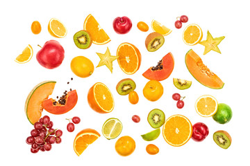 Fresh fruits flying in air. Papaya, apple, orange, kiwi, melon, citrus isolated on white. Fruity vegan tropical mix background. Colorful levitation, falling fly fruit creative concept