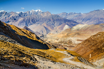Kali Gandaki river valley with old Jhong (Dzong) village in sunny day. View from trekking route...