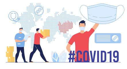 Humanitarian Aid for Affected by Coronavirus Epidemic Territory, Export in Special Protection and Masks, International Support for China Concept. Worker Carrying Cardboard Box Flat Vector Illustration