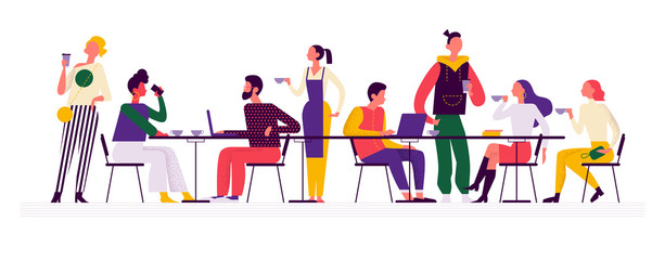 Young stylish people in coffeehouse drinking coffee at table talking, communicating, working. Flat vector illustration concept in trendy colours for banner, ui.