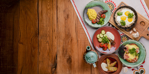 Fototapeta na wymiar Healthy breakfast and clean eating concept from above. Copy space banner.