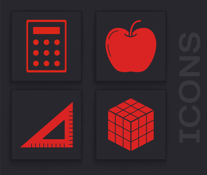 Set Rubik cube, Calculator, Apple and Triangular ruler icon. Vector