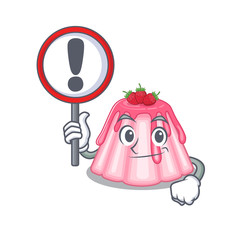 cute mascot character style of strawberry jelly raised up a sign