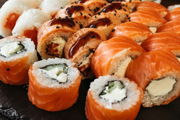 Jpanese sushi food. Philadelphia Salmon Sushi. Top view of sushi.
