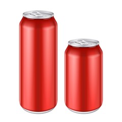 Mockup Red Metal Aluminum Beverage Drink Can 500ml, 0,5L. Beer, Soda, Lemonade, Juice, Energy. Mock Up Template Ready For Your Design. Isolated On White Background. Product Packing. Vector EPS10
