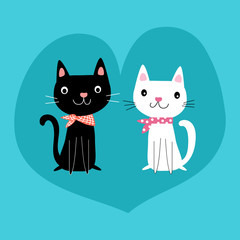 Two cute cartoon black and white cat couple with dotted and checked kerchiev sitting in heart, anime style isolated on blue background. For kids, Valentines day or stickers. Vector eps10 illustration