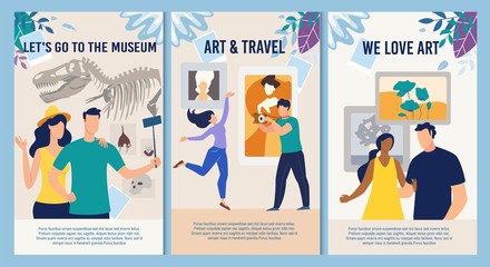 Cultural Recreation for People Motivation Mobile Page Set. Phone Screens Bundle with Invitation for Art Travelling, Pastime at Prehistoric Time Museum and Art Gallery. Vector Illustration