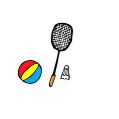 Badminton and ball, vector illustration, red, yellow and blue color