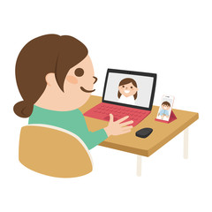 自宅でパソコンや携帯電話を使ってWeb会議をしている女性のイラスト。