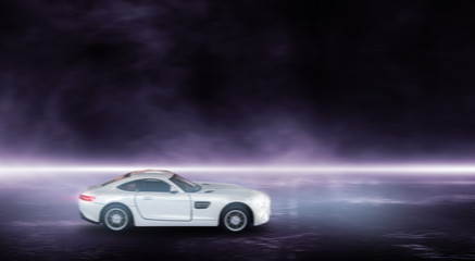 Obraz na płótnie Canvas 3D rendering white sport car creative blurry outdoor asphalt background with mist light high speed
