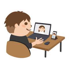 Fototapeta na wymiar 自宅でパソコンや携帯電話を使ってWeb会議をしている男性のイラスト。