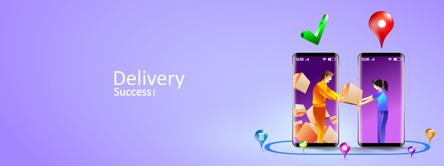 Online delivery services by smartphone. Express delivery mobile concept by courier and customer door to door. Vector illustration - obrazy, fototapety, plakaty
