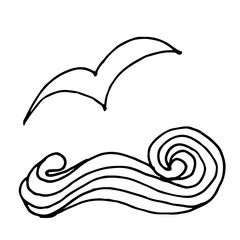 Abstract vector hand drawn blue wave and seagulls