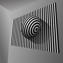 3D optical illusion with lines and stripes sphere on wall