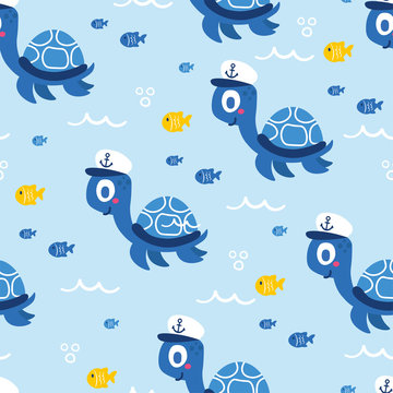 Cute sea animals of the deep fish and turtle. Cartoon seamless pattern on a color background. It can be used for backgrounds surface textures wallpapers pattern fills