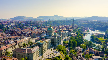 Bern, Switzerland. Federal Palace - Bundeshaus, Historic city center, general view, Aerial View