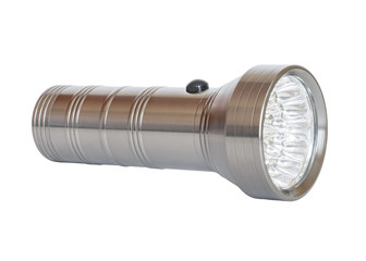 Gray metal pocket flashlight isolated on white background