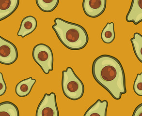 Vector illustration of avocado on yellow background.Tropical summer exotic fruits. Avocado background.Use for print, textile, posters, wallpapers, cards, prints and websites.