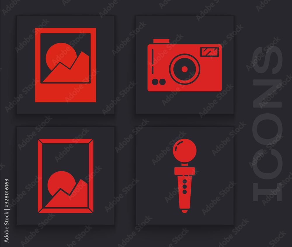 Sticker Set Joystick for arcade machine, Photo frames, Photo camera and Picture landscape icon. Vector