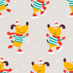 Naklejka premium Christmas seamless pattern with image cartoon dogs in striped jersey. 