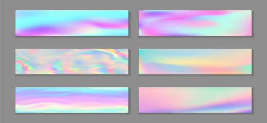 Fototapeta premium Holography creative banner horizontal fluid gradient mermaid backgrounds vector set. Girlish 