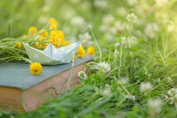 Old book and paper boat outdoor. Knowledge is power. Book in a spring summer forest or garden, yard, concept of studying, dreaming, rest time, romance relax, banner