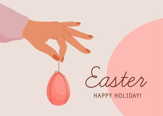 Happy Easter greeting card. Human hands hold Easter decorated egg. Chocolate colorful eggs for spring religious holiday celebration. Vector illustration
