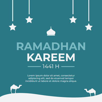ramadan kareem greeting card with mosque, star, and camel. good for banner, poster and flyer