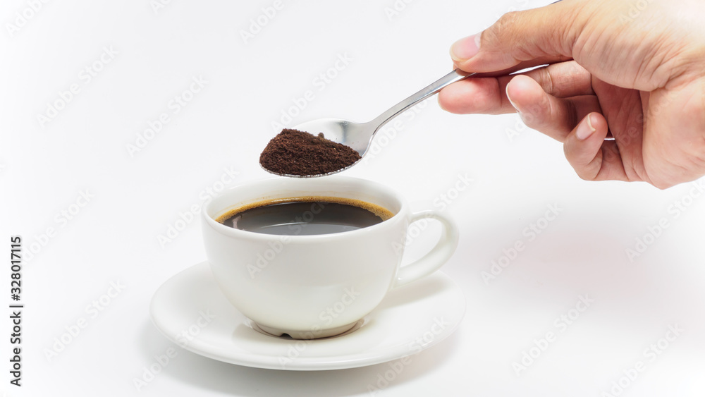 Wall mural the hand of a man making coffee separately against the white background